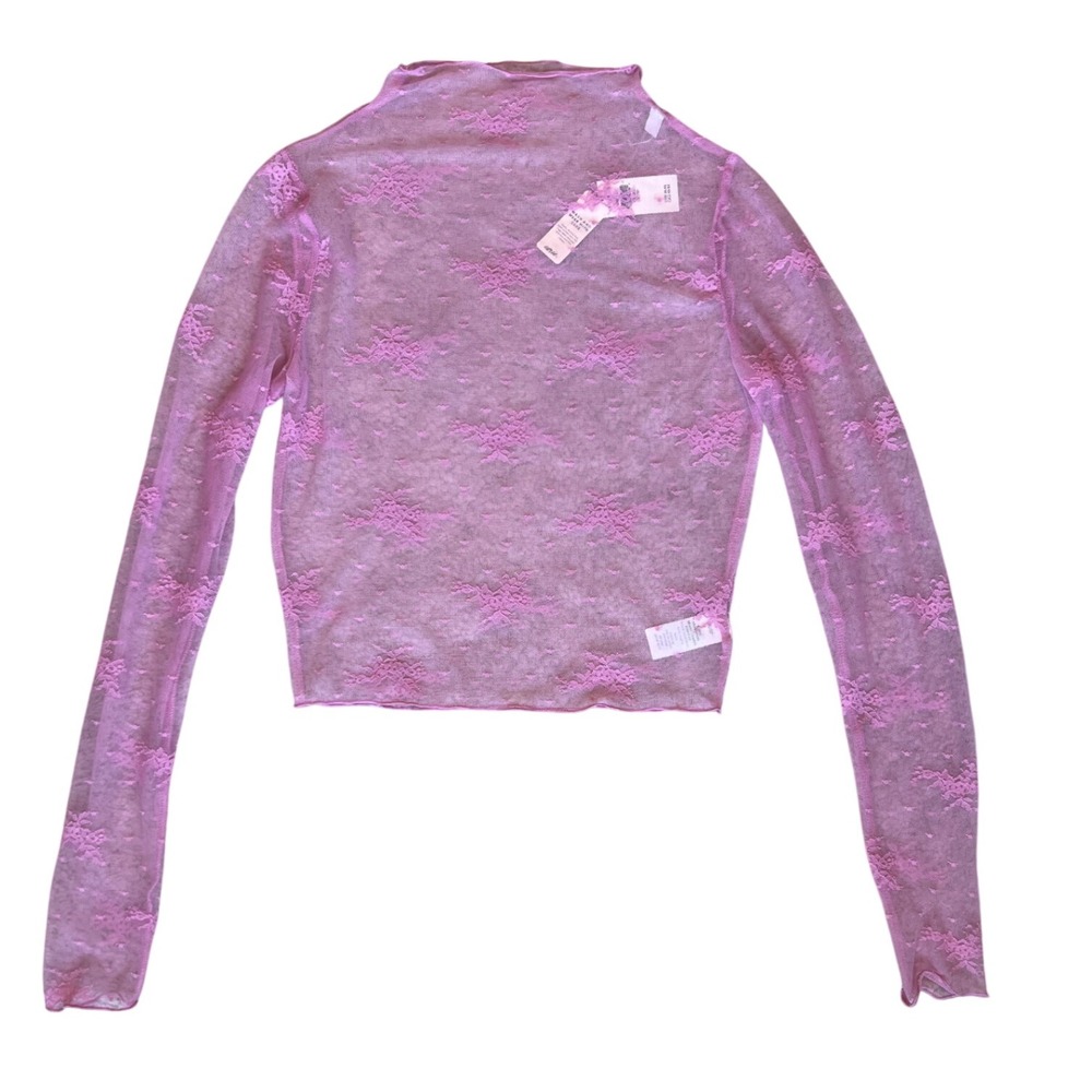Aerie Pink Floral Lace Mock Neck Long Sleeve Top Sheer Mesh Shirt XXS